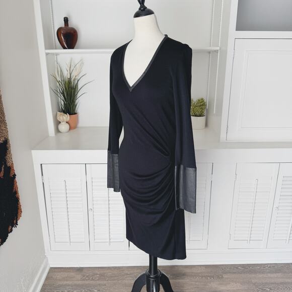 Joseph Black Wool Leather Sleeve Ruched V-Neck Muriel Midi Dress Size 10 - Picture 2 of 10